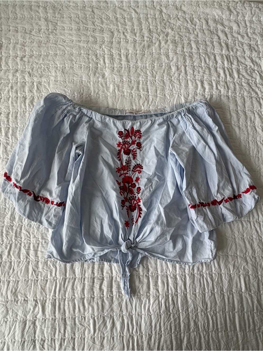 Zara Light Blue Off-Shoulder Tie-Front Top with Red Embroidery